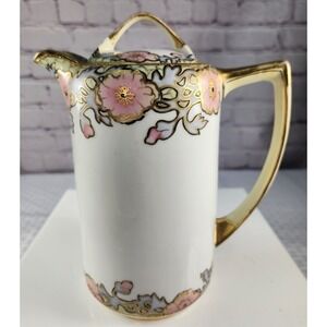 Antique 1908 Nippon Chocolate Pot w/ Lid Floral Pink Blue Green Gold Trim Accent